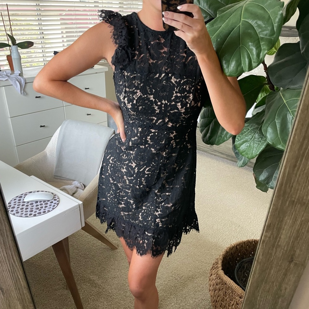 Aura NWT Black Lace Ruffle Mini Dress Nude Lined Short Sleeve Party Sz S